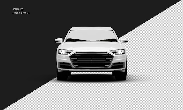 Isoliertes, realistisches, metallisches, weißes, elegantes, modernes Stadtlimousinenauto aus der Vorderansicht