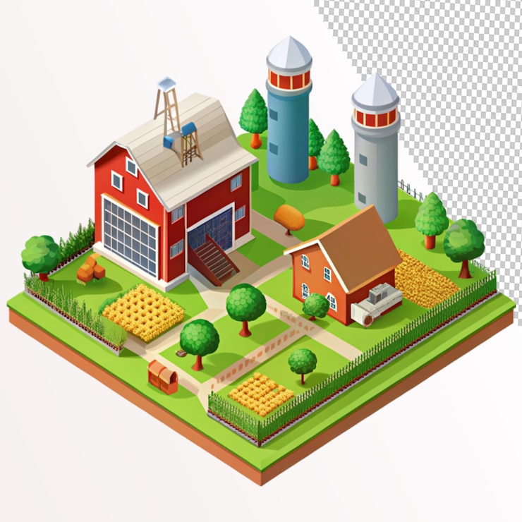 PSD isometric 3d illustration of a farm on transparent background