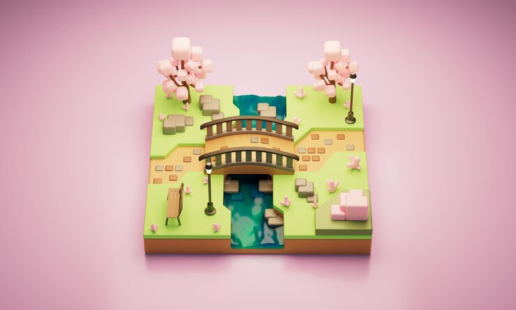PSD isometric cherry blossom park 3d rendering no es la ia