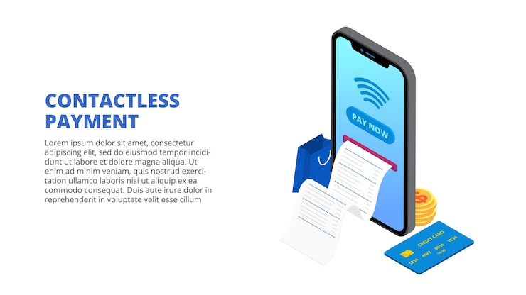 PSD isometric contactless payment concept illustration smartphone and credit card online banking