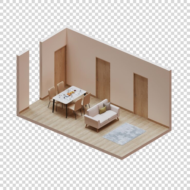 PSD isometric dining living room with wood floor 3d render illustration