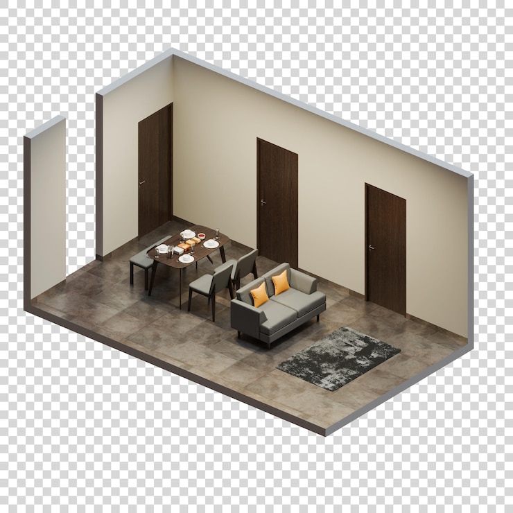 PSD isometric open space interior dining living room 3d render illustration
