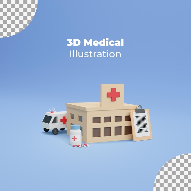 PSD isométrica de emergencia con renderizado 3d de equipos médicos