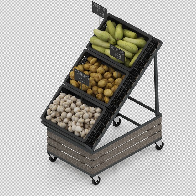 PSD isométrique légume stand marché 3d rendu