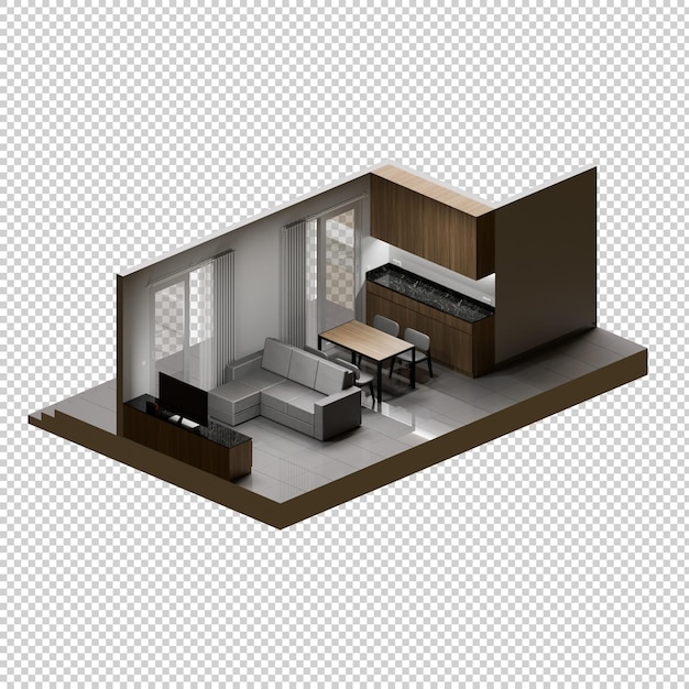 PSD isometrische 3d-render-illustration des wohnzimmers