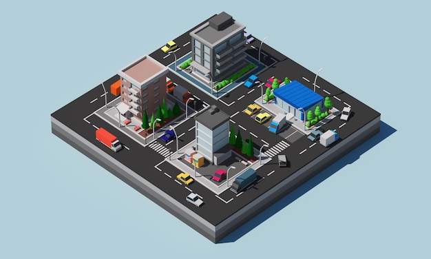 Isometrische 3D-Rendering von Stadtstraßen und Gebäuden