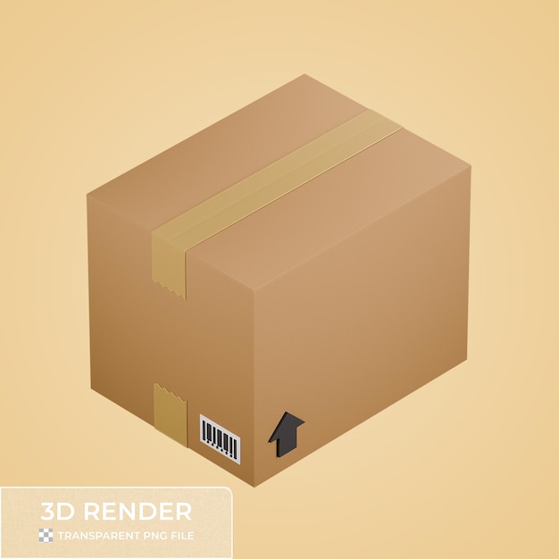 Isometrische Ansicht einer braunen Kartonbox mit einem schwarzen Pfeil 3D-Rendering