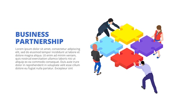 Isometrische Darstellung mit Personen, die ein Puzzleteil halten Banner für das Teamwork-Konzept