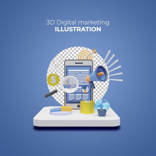Isometrische flache 3D-Rendering-Begriffsdarstellung des digitalen Marketings mit Smartphone