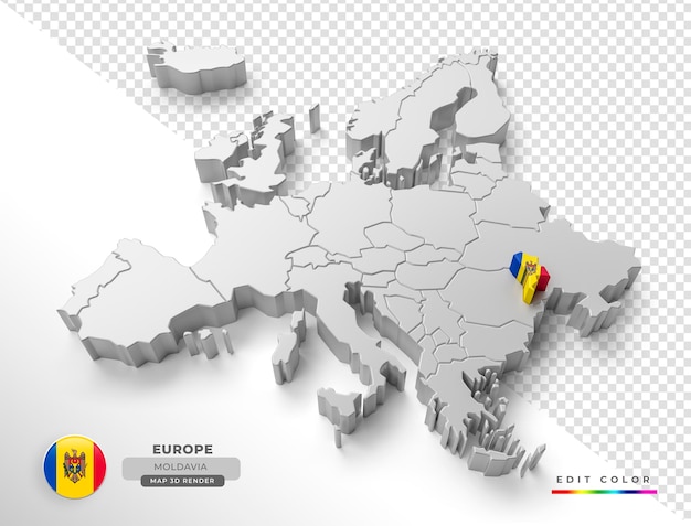 PSD isometrische karte von moldawien europa mit flagge in 3d-darstellung