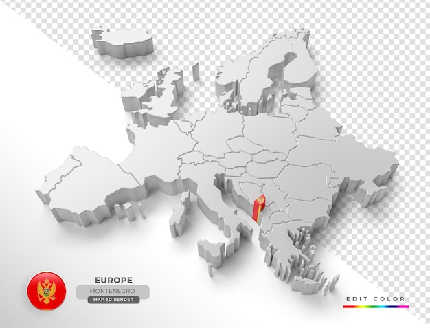 PSD isometrische karte von montenegro europa mit flagge in 3d-darstellung