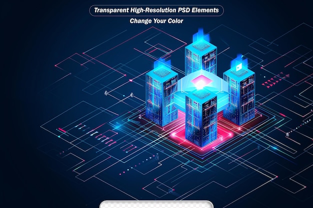 PSD isometrische prozessor-blockkette im rasterhintergrund