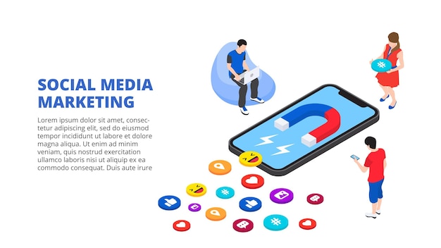 Isometrische Social-Media-Likes und -Follower oder Marketing-Magnet, der Follower-Konzept einbezieht