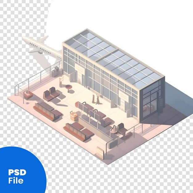 PSD isometrische zusammensetzung des flughafenterminals mit passagierflugzeug- und gepäckvektor-illustration psd-vorlage