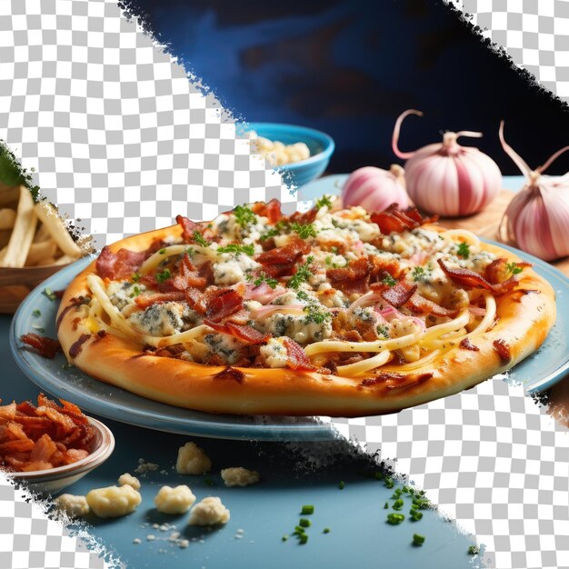 PSD italienische carbonara-pizza mit blauen tellern aus speck-balsamico-essig im transparenten hintergrund des restaurants