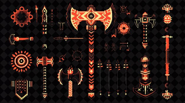 PSD item de pixel de machado com espinhos e salpicaduras de sangue e pat tribal y2k shape neon color art collections