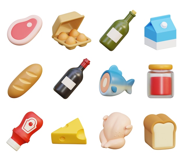 Itens de mercearia variados em estilo de desenho animado 3D