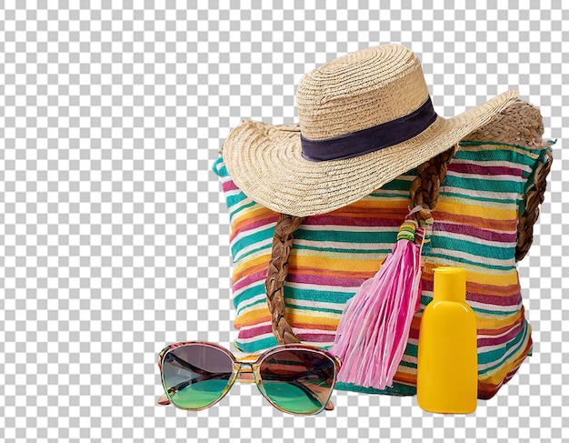 itens de praia saco listrado colorido óculos de sol e chapéu de palha