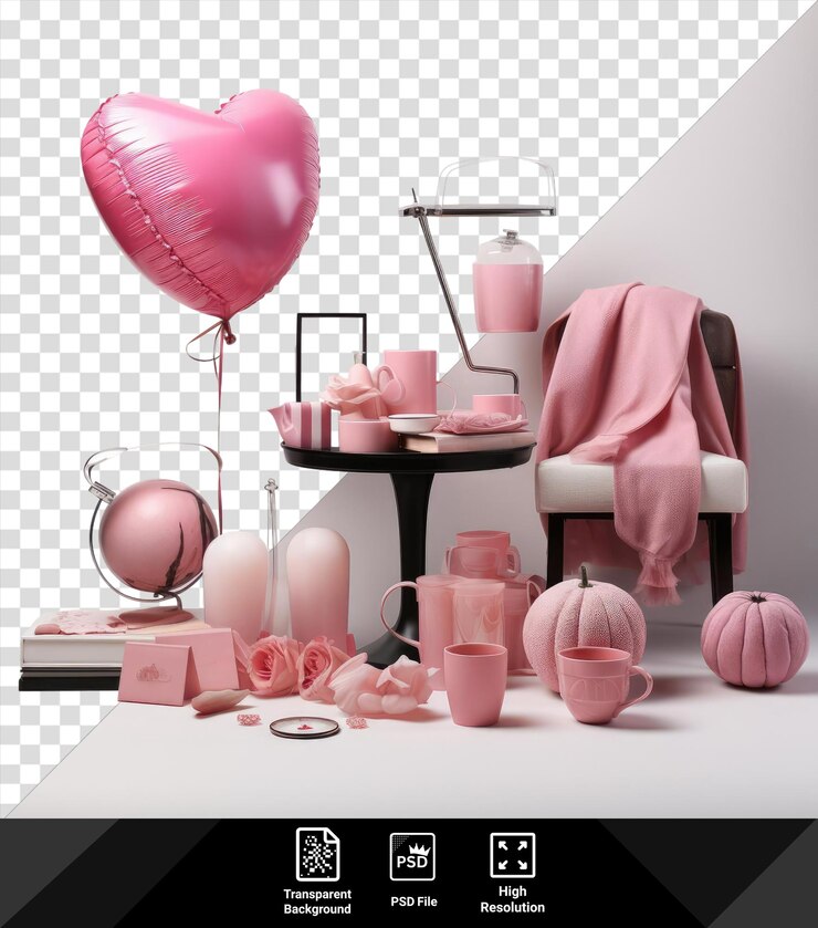 PSD itens do dia mundial do câncer colocados em uma mesa preta com um balão rosa vasos brancos e cor-de-rosa e uma cadeira rosa contra uma parede branca