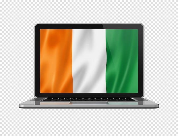 Ivorische flagge auf laptop-bildschirm isoliert auf weißer 3d-illustration