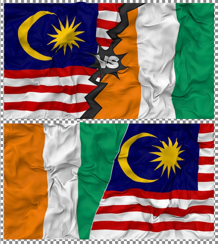 PSD ivory coast vs malaysia half combined flag cloth bump texture 3d rendering
