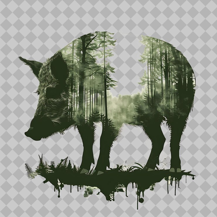 PSD jabalí salvaje dentro de una silueta selva de diamantes adornada con diseños de animales de acuarela de png