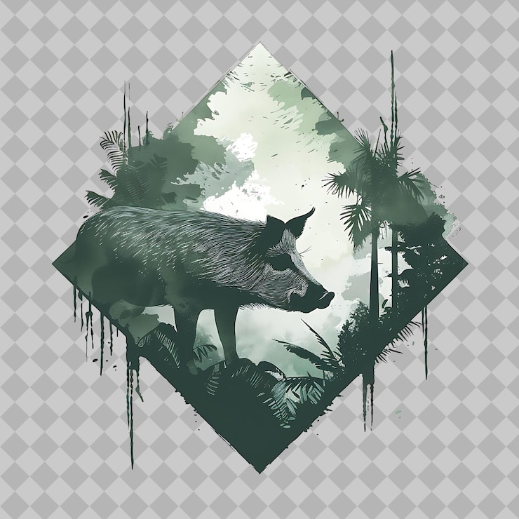 PSD jabalí salvaje dentro de una silueta selva de diamantes adornada con diseños de animales de acuarela de png