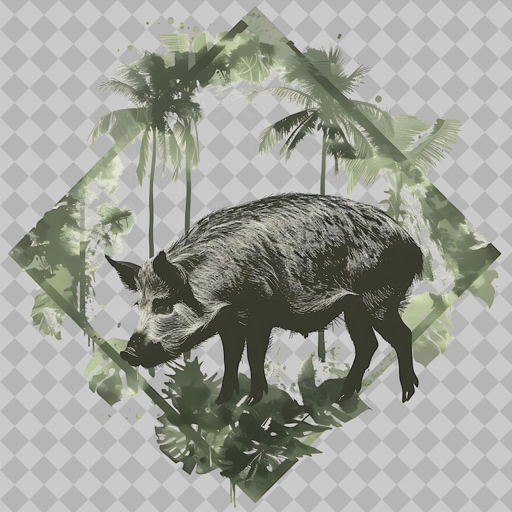 PSD jabalí salvaje dentro de una silueta selva de diamantes adornada con diseños de animales de acuarela de png
