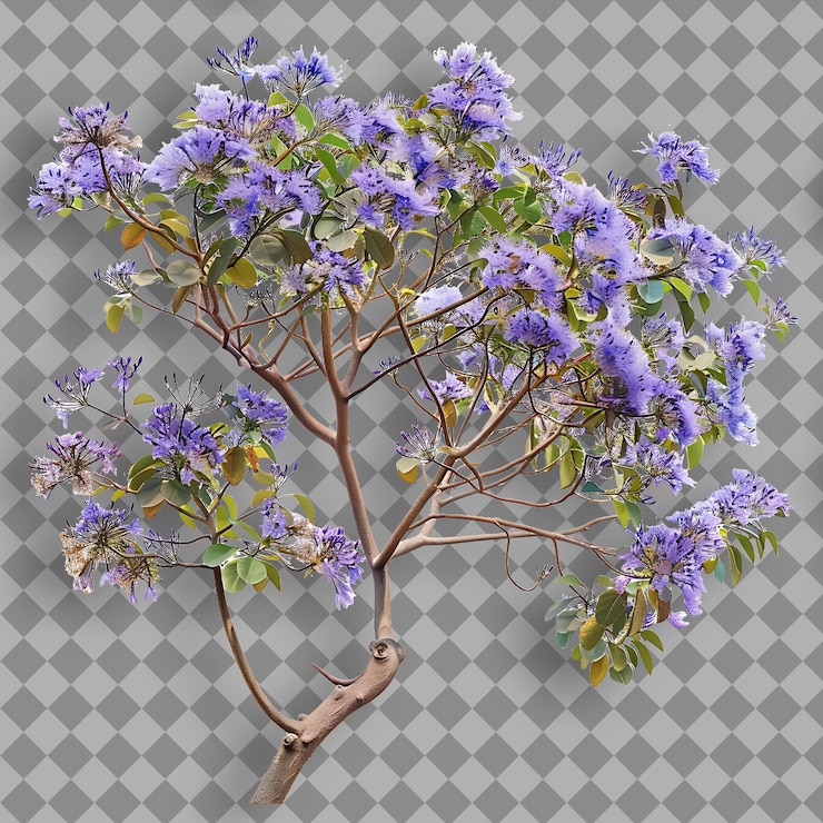 PSD jacaranda con ramas robustas que se extienden cubiertas en racimos o rama de árbol aislada en bg limpio