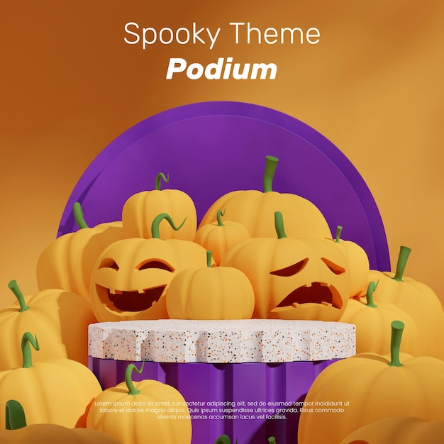 PSD jack o 'lantern e abóboras 3d render imagem maquete em branco pódio de terrazzo branco em quadrado