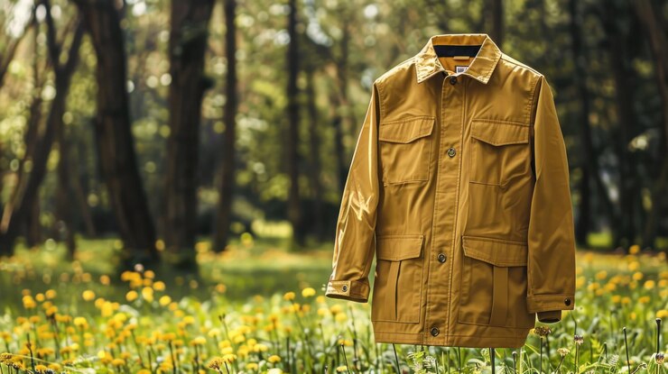 PSD jaket utilitas berwarna cokelat muda tergantung di ladang bunga liar kuning