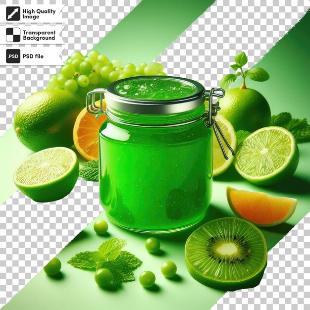 PSD jam verde psd con kiwi y limas sobre un fondo transparente