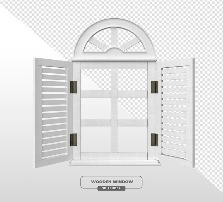 PSD janela de madeira branca aberta com persianas renderização 3d