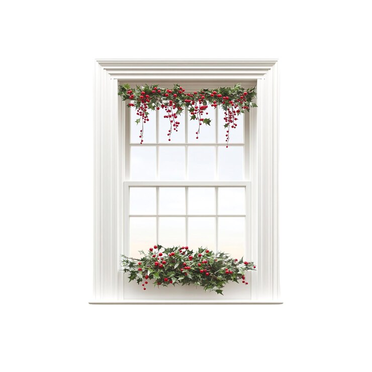 PSD janela decorada com guirlandas de holly de natal