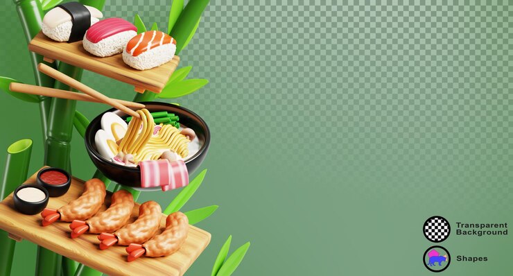 PSD japanese food with sushi nigiri shrimp tempura and ramen soup asian rice and seafood on wood plate noodle in bowl with sticks on green bamboo background appetizing restaurant menu