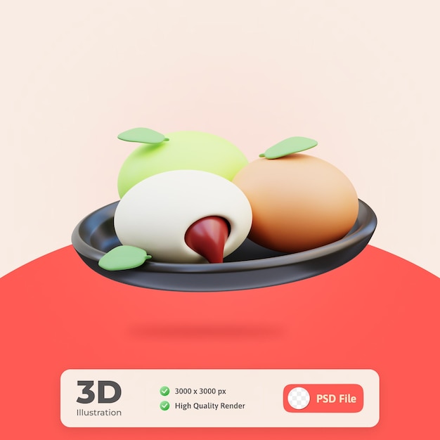 Japanische ikone mochi-kuchen mit platte 3d-illustration