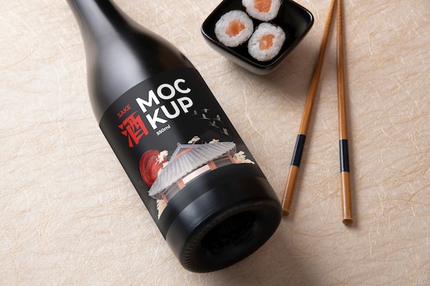 Japanische Sake-Flasche mit Sushi