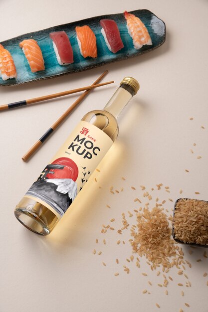 PSD japanische sake-flasche mit sushi