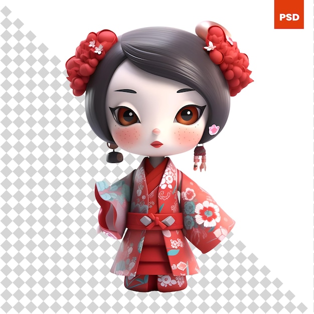 PSD japanisches mädchen im kimono auf weißem hintergrund, 3d-darstellung