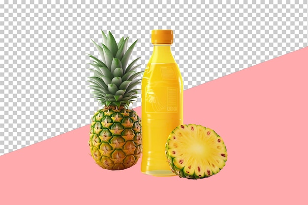 Jarabe de piña en una botella con una rebanada de objeto aislado de fondo transparente