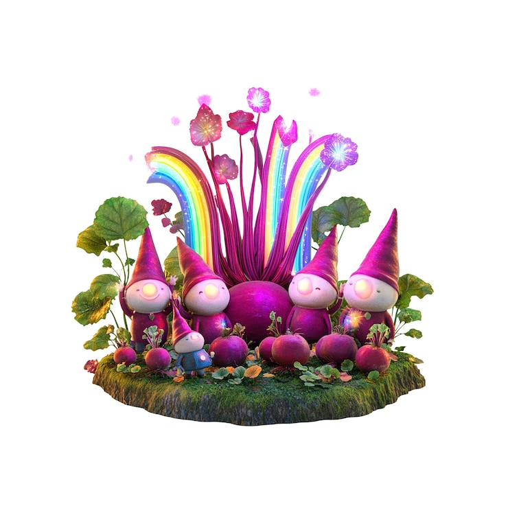 PSD un jardin de betteraves arc-en-ciel enchanteur avec de mignons gnomes