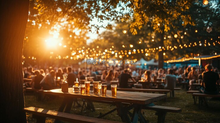 PSD jardín de cerveza al atardecer con personas disfrutando de bebidas