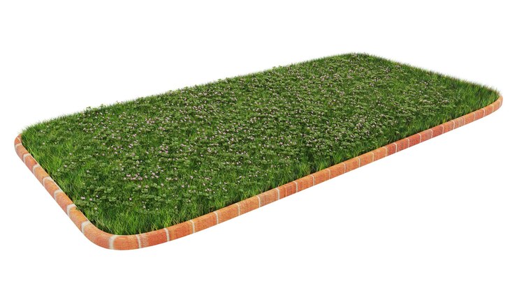 Jardín de césped con borde de ladrillo y trébol en flor imagen 3d sin fondo