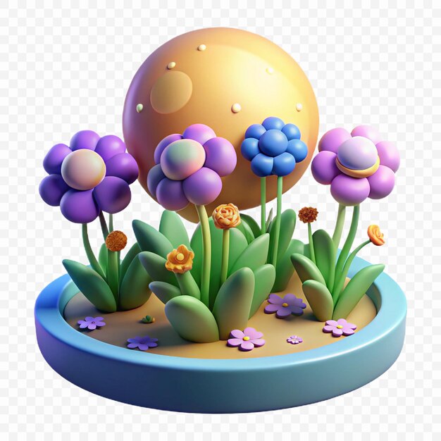 Jardín de flores en 3D creciendo bajo un sol brillante Rendering 3D impresionante