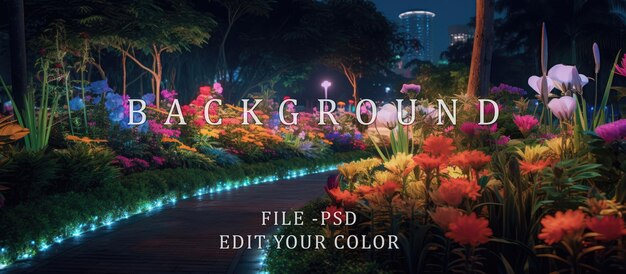 PSD el jardín de flores en el medio de la ciudad está decorado con luces de colores