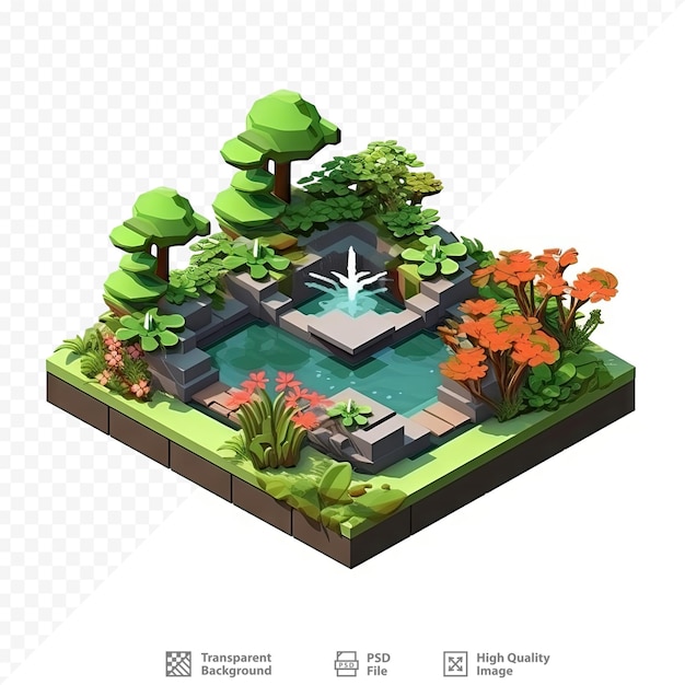 PSD un jardin avec une fontaine et un étang avec des plantes et des fleurs.