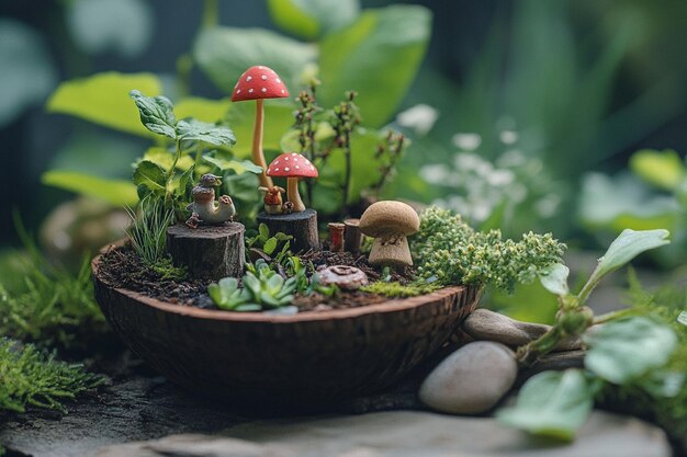 Jardín de hadas en miniatura en la cáscara de coco con setas suculentas y musgo