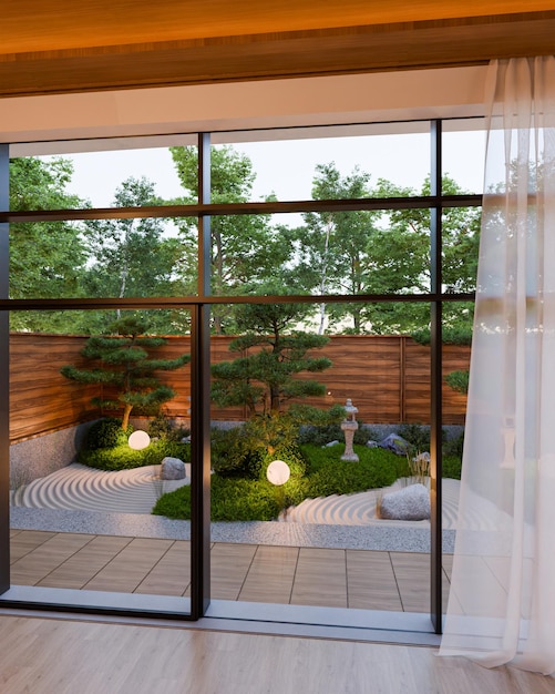 Jardin zen japonais serein avec un design moderne