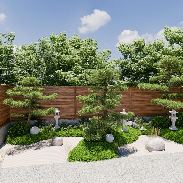 PSD jardin zen japonais tranquille avec des bonsais et des lanternes en pierre