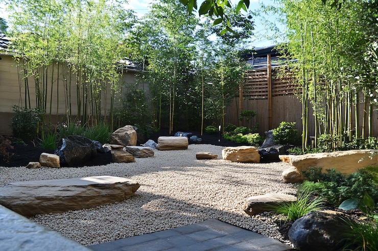 PSD un jardin zen paisible avec des sentiers de pierre et de gravier, des bambous et des arbustes luxuriants.